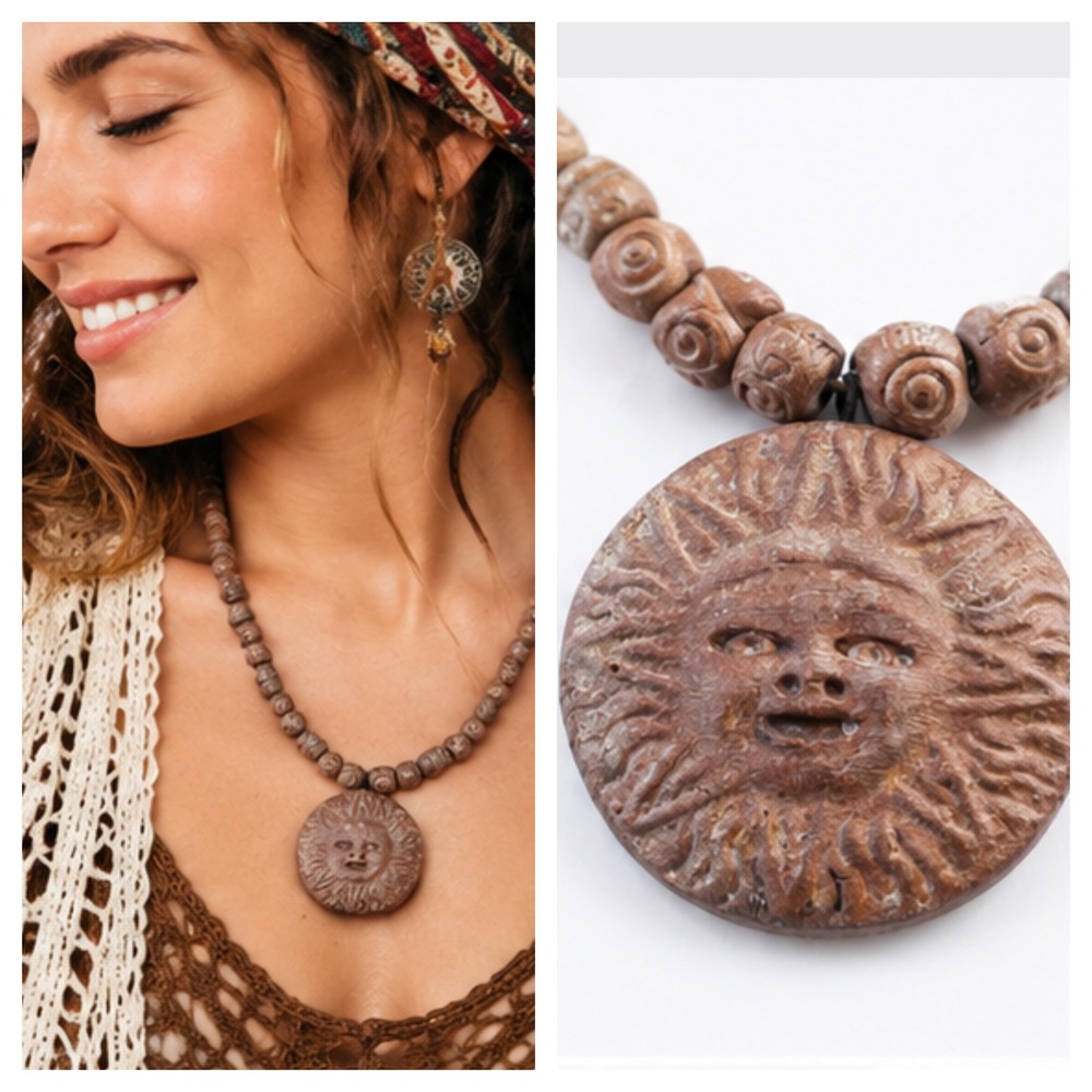 Bohemian Sun Face Pendant Necklace Carved Terracotta Clay Bead Celestial Brown